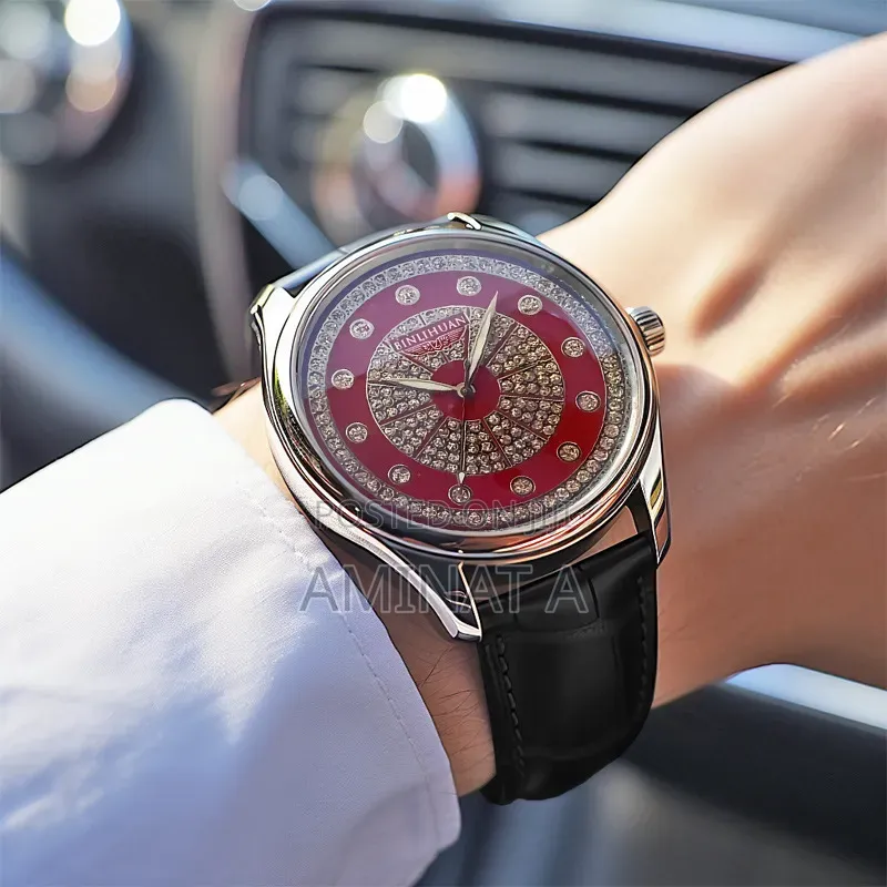 Red Crystal Dial Leather Strap Unique Men’S Wrist Watch With Case