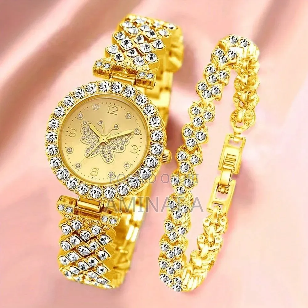Butterfly Gold Ladies Watch and Bracelet Set