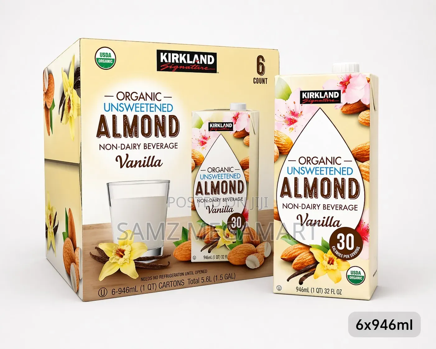 Kirkland Unsweetened Almond Non-Dairy Beverage Vanilla Milk 6x946ml
