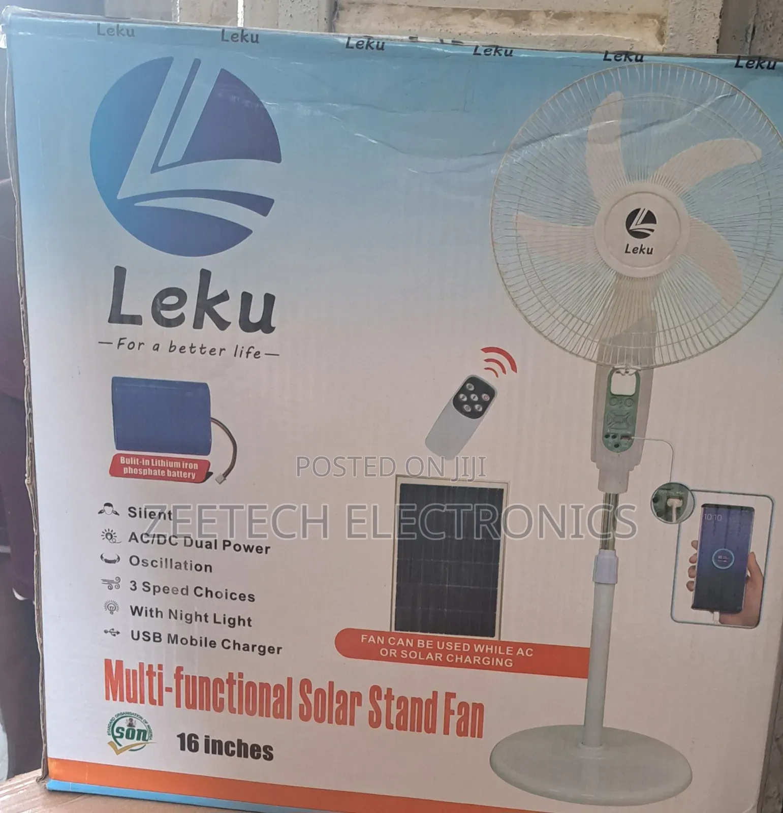 Leku 16-Inch Multifunctional Solar Stand Fan, Featuring Ac/Dc Dual