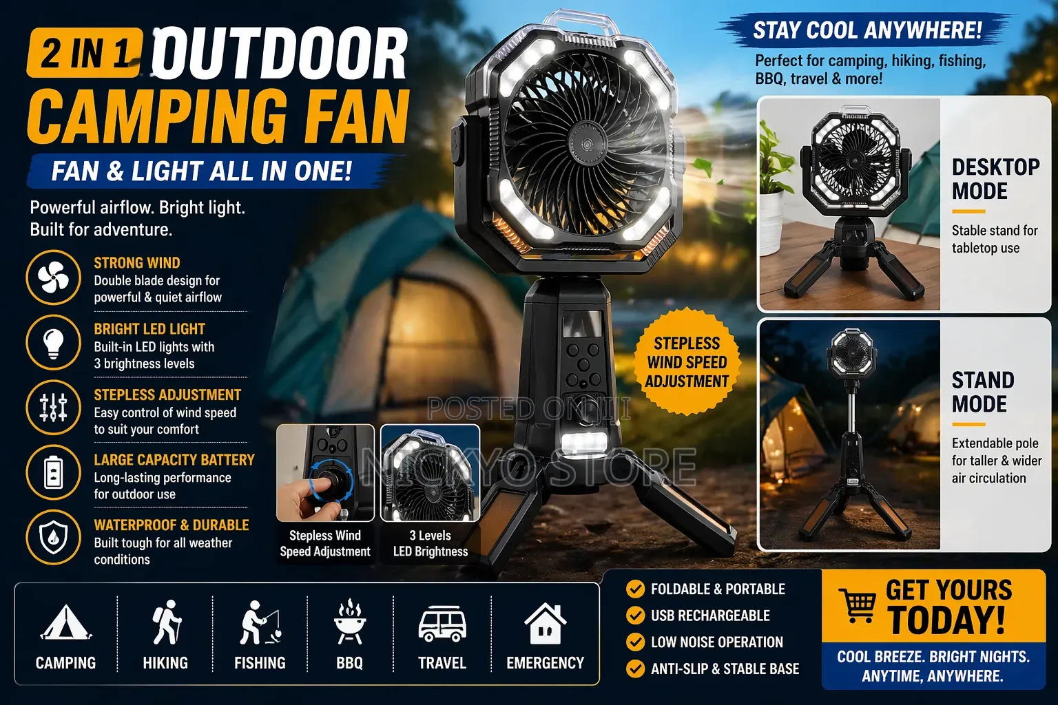 Outdoor Camping Misting Fan (Solar + Rechargeable) – 20,000mah