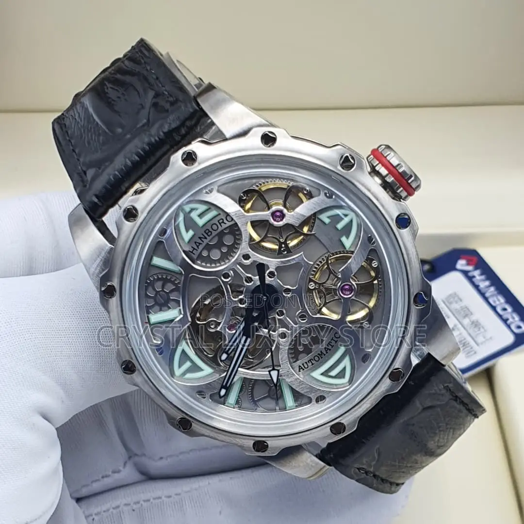 Hanboro Quality Luxury Men Chronograph Genuine Leather Wristwatch