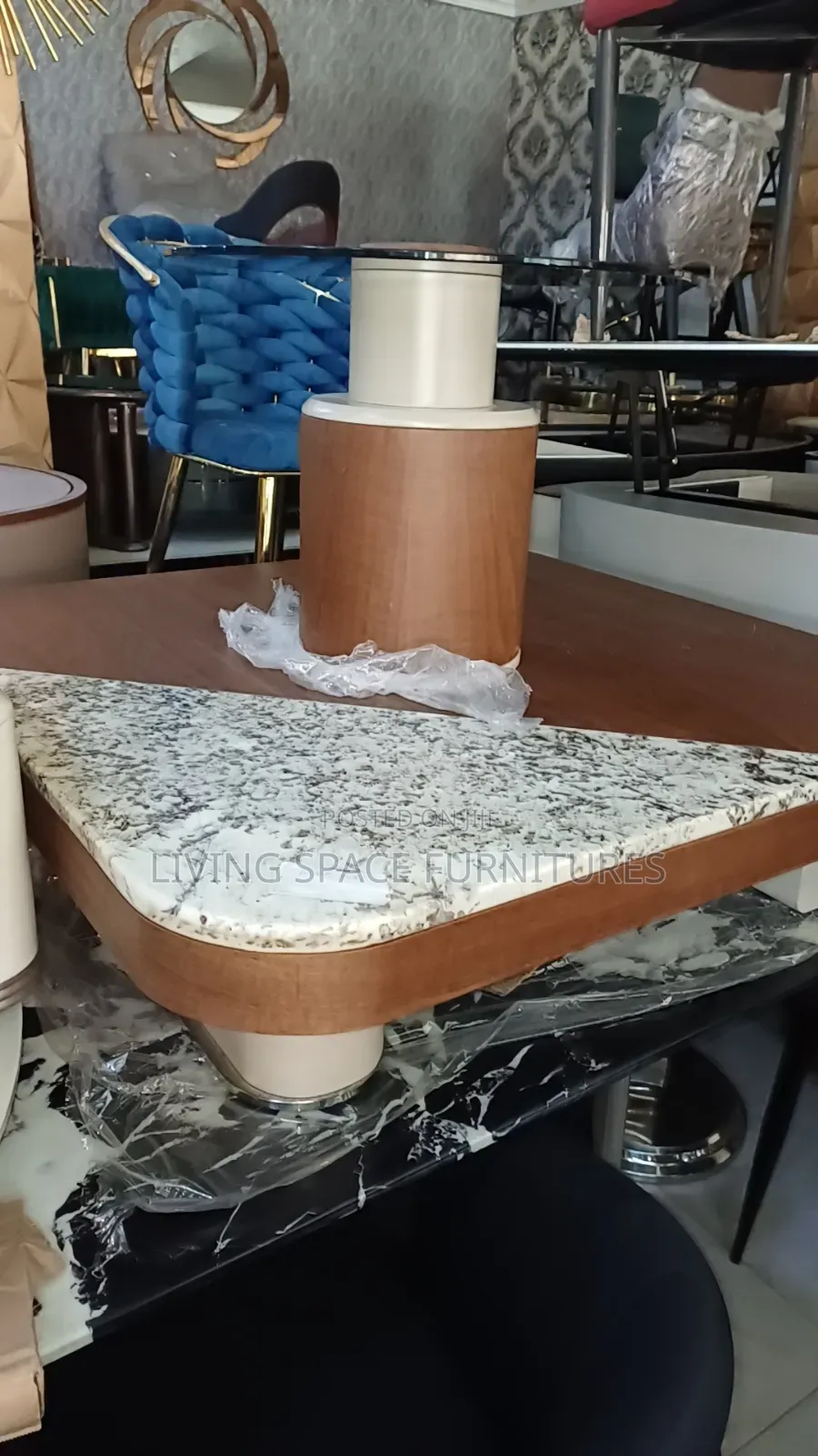 Contemporary Marble/Wood Top Center Table Set