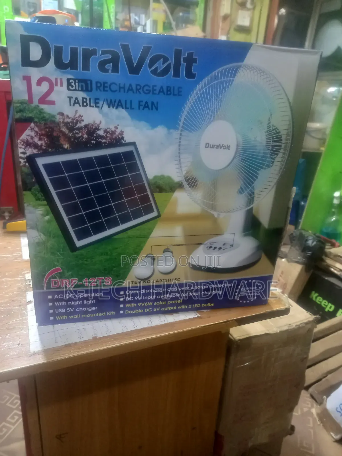 Duravolt 12 Inches Rechargeable Table Fan With Solar Panel/2 Bulbs