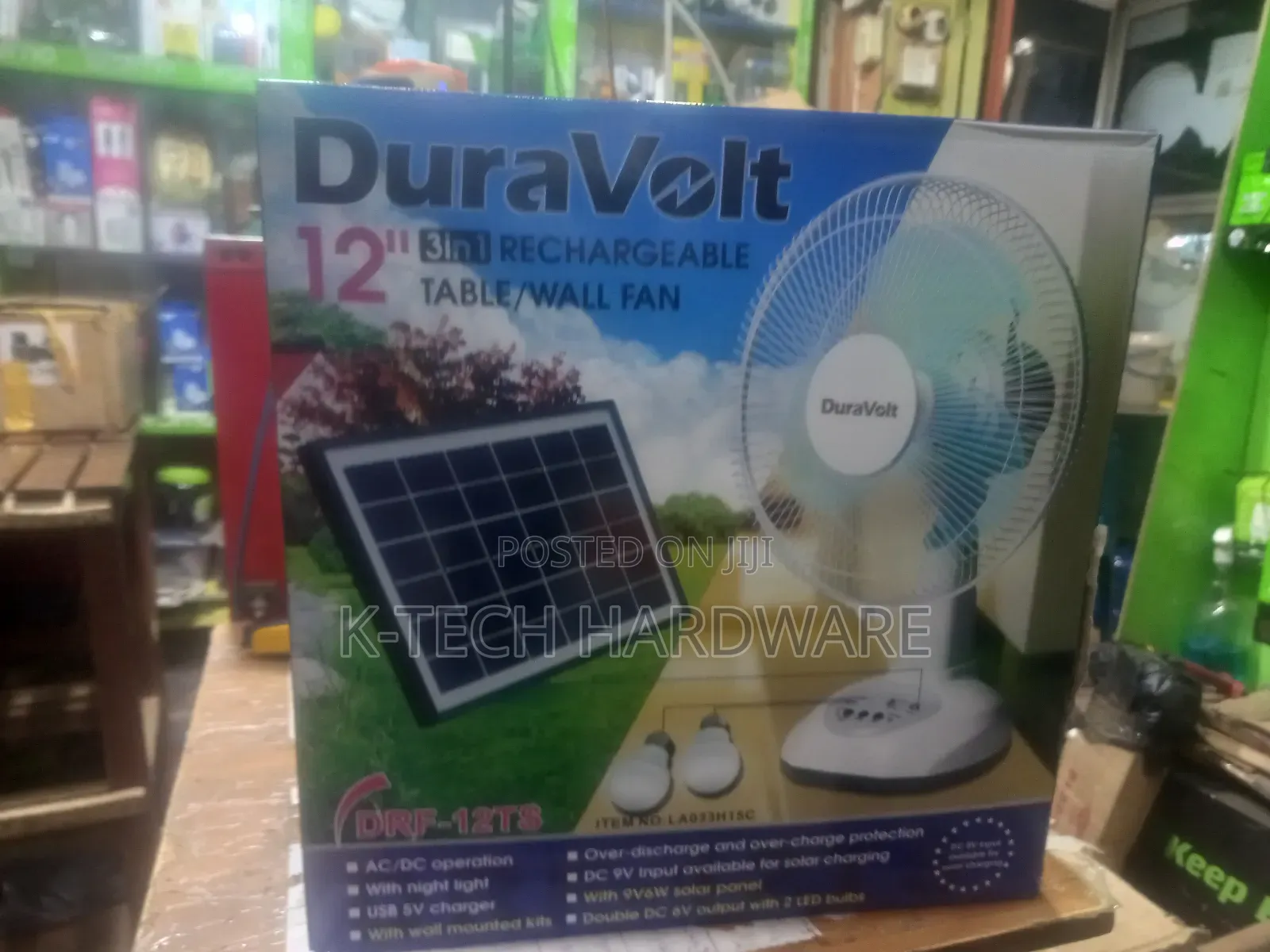 Duravolt 12 Inches Rechargeable Table Fan With Solar Panel/2 Bulbs