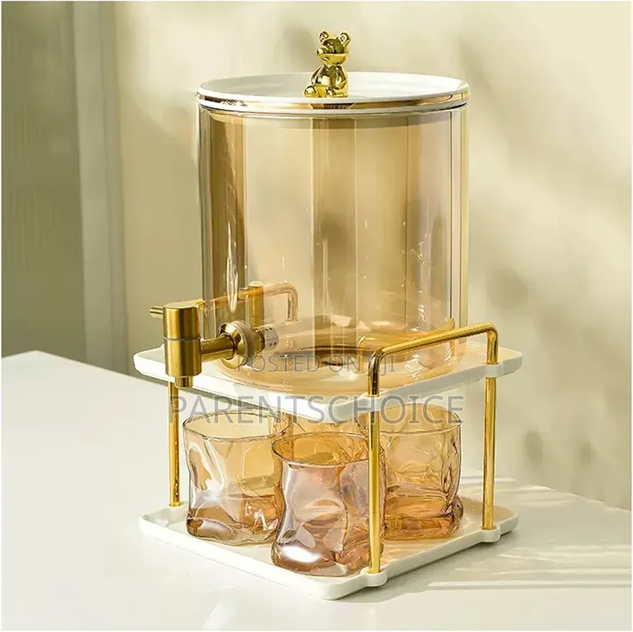 Glass Drink Gold Dispenser With 4 Cups and Stand- 3.6l