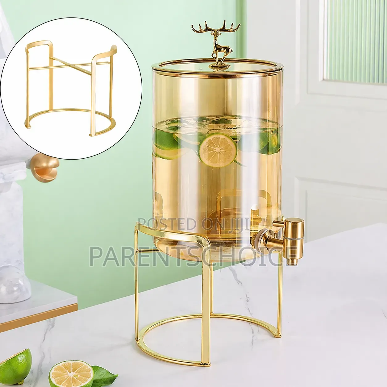 Glass Drink Gold Dispenser With 4 Cups and Stand- 3.6l