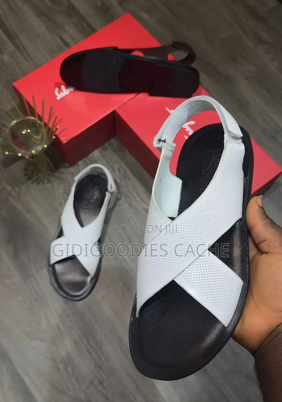 Men's Black Leather Cross-Strap Sandals in Size 40-46