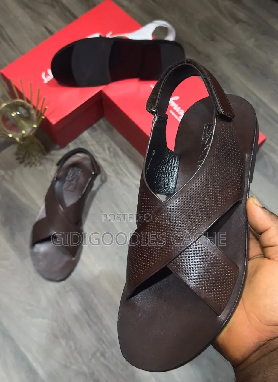Men's Black Leather Cross-Strap Sandals in Size 40-46