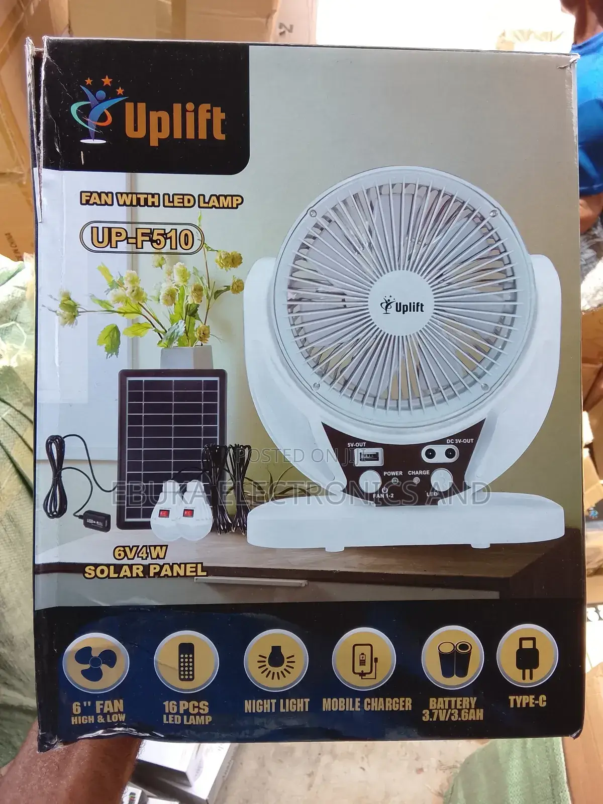 Uplift Fan With Led Lamp With Solar Panels and 2 Bulbs Inside 6 Inches