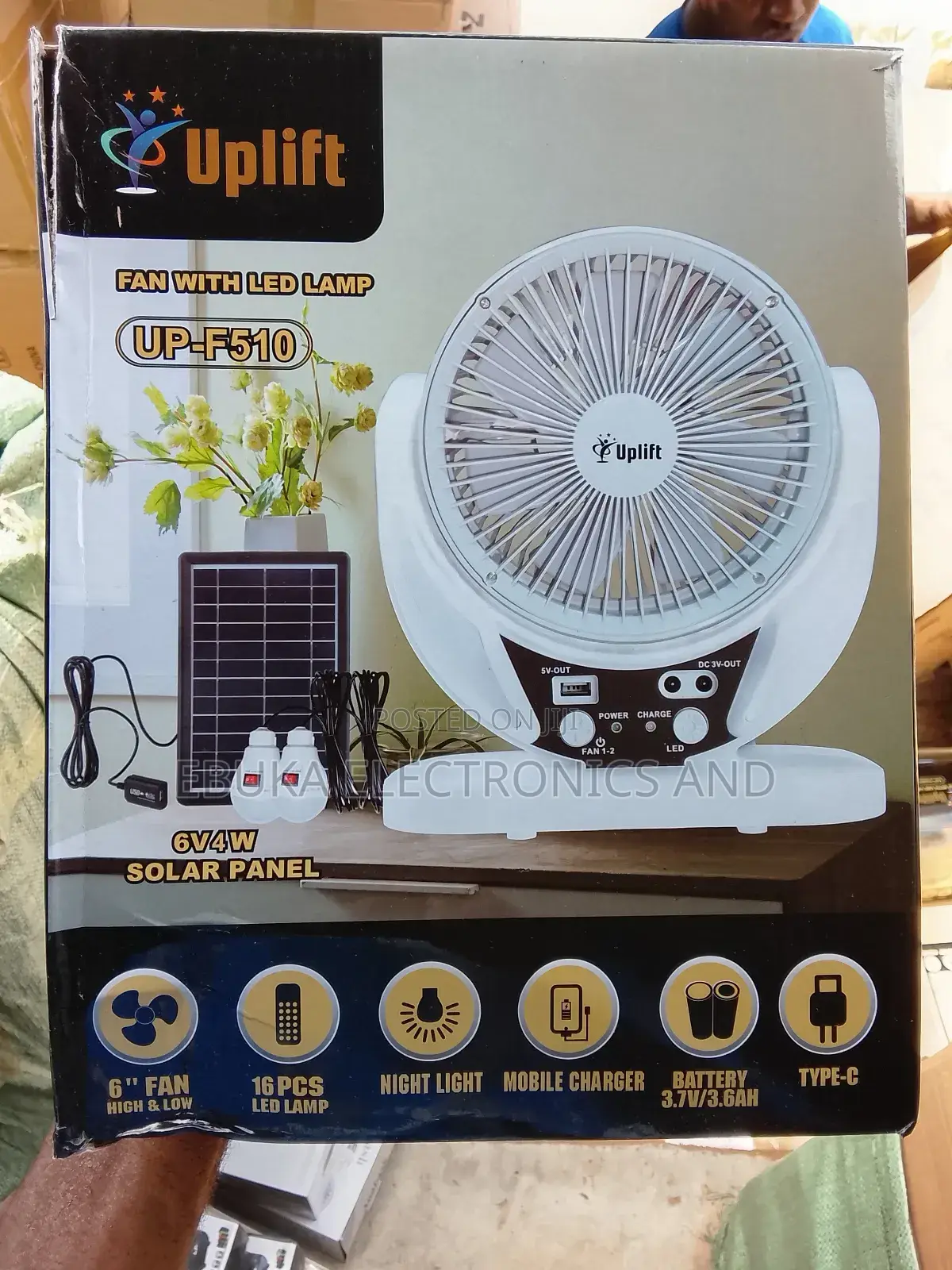 Uplift Fan With Led Lamp With Solar Panels and 2 Bulbs Inside 6 Inches