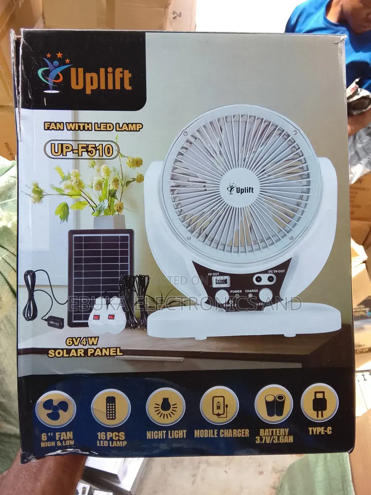 Uplift Fan With Led Lamp With Solar Panels and 2 Bulbs Inside 6 Inches