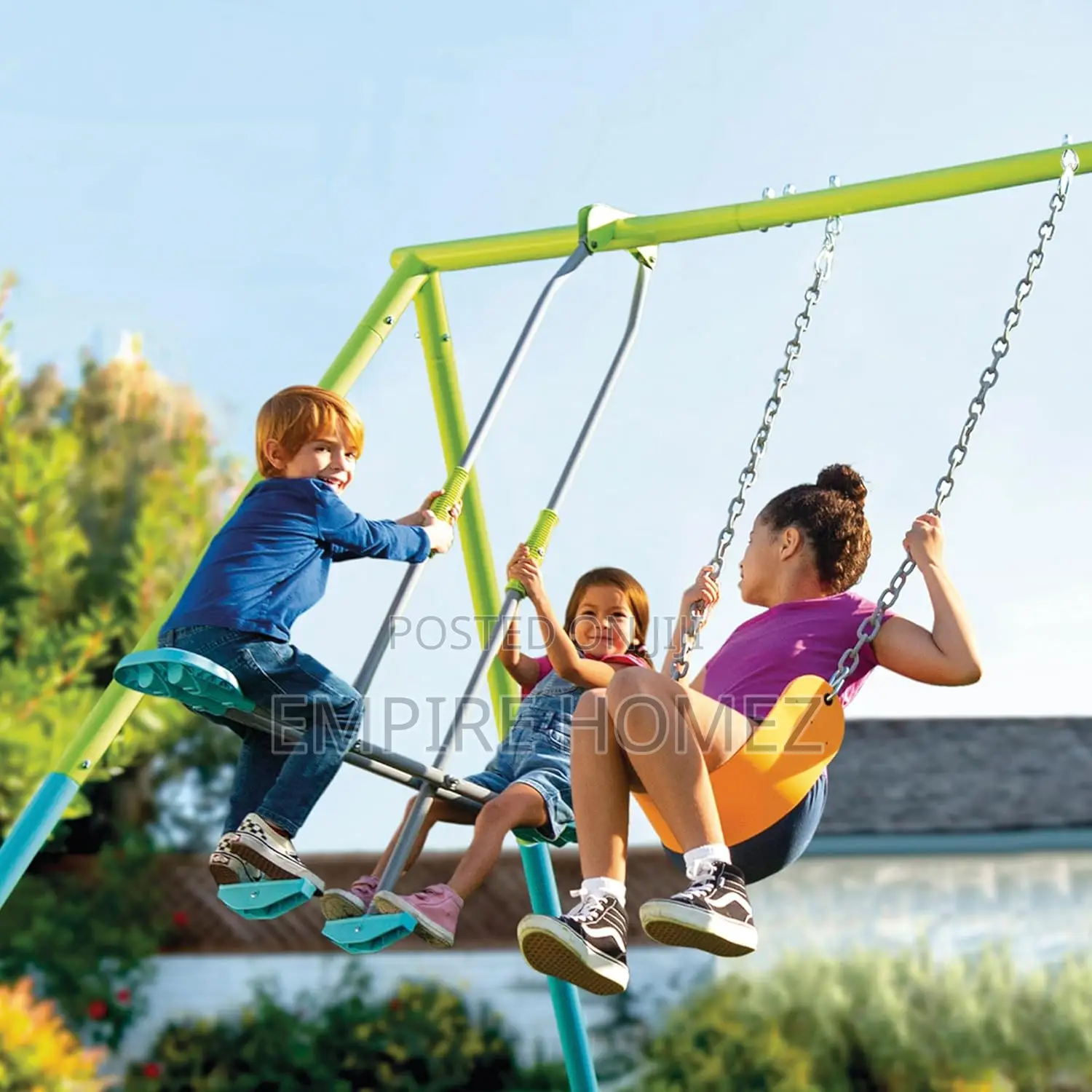 Children's Swing With Seat and Rocker, Steel, Green and Blue