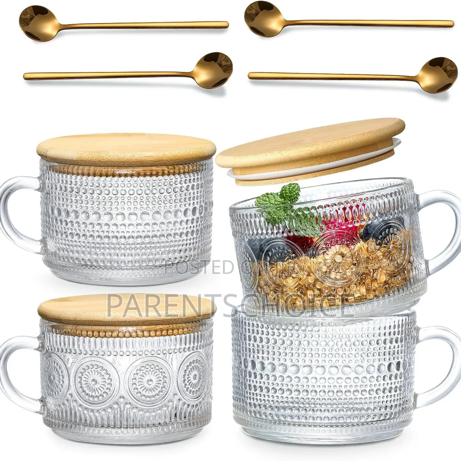 4pcs Set Breakfast Glass Cup Spoon and Wooden Lid