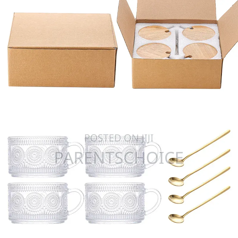 4pcs Set Breakfast Glass Cup Spoon and Wooden Lid