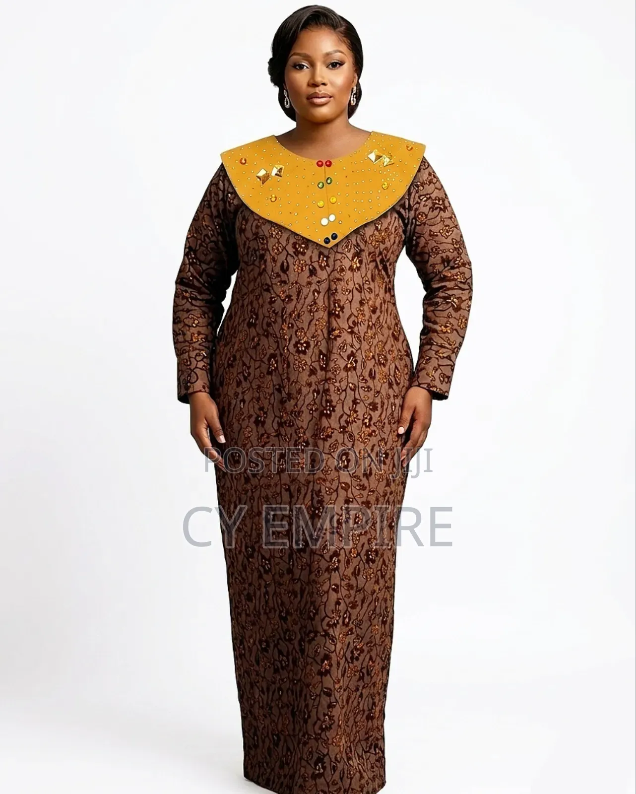 Brown Ankara Dress With an Embellished Cape