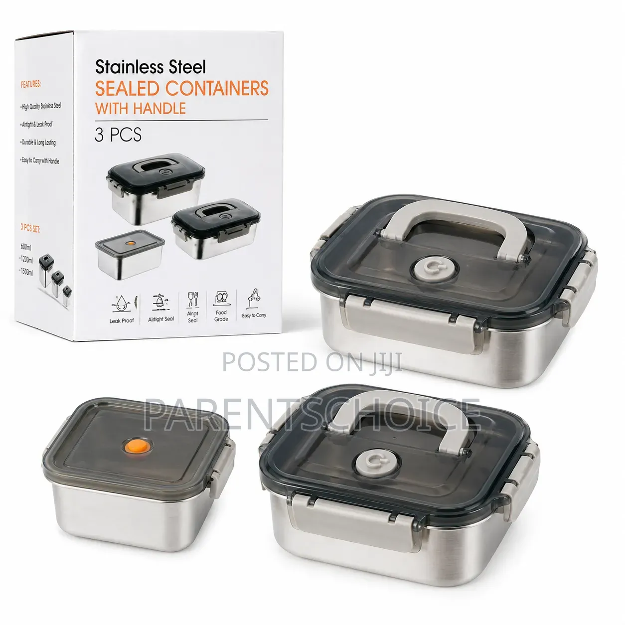 Stainless Steel Sealed Food Containers With Handle (3 PCS Set)