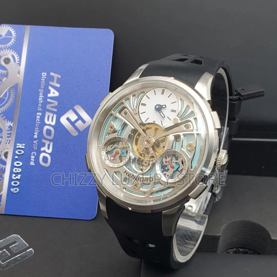 Hanboro Quality Luxury Men Chronograph Genuine Leather Wristwatch