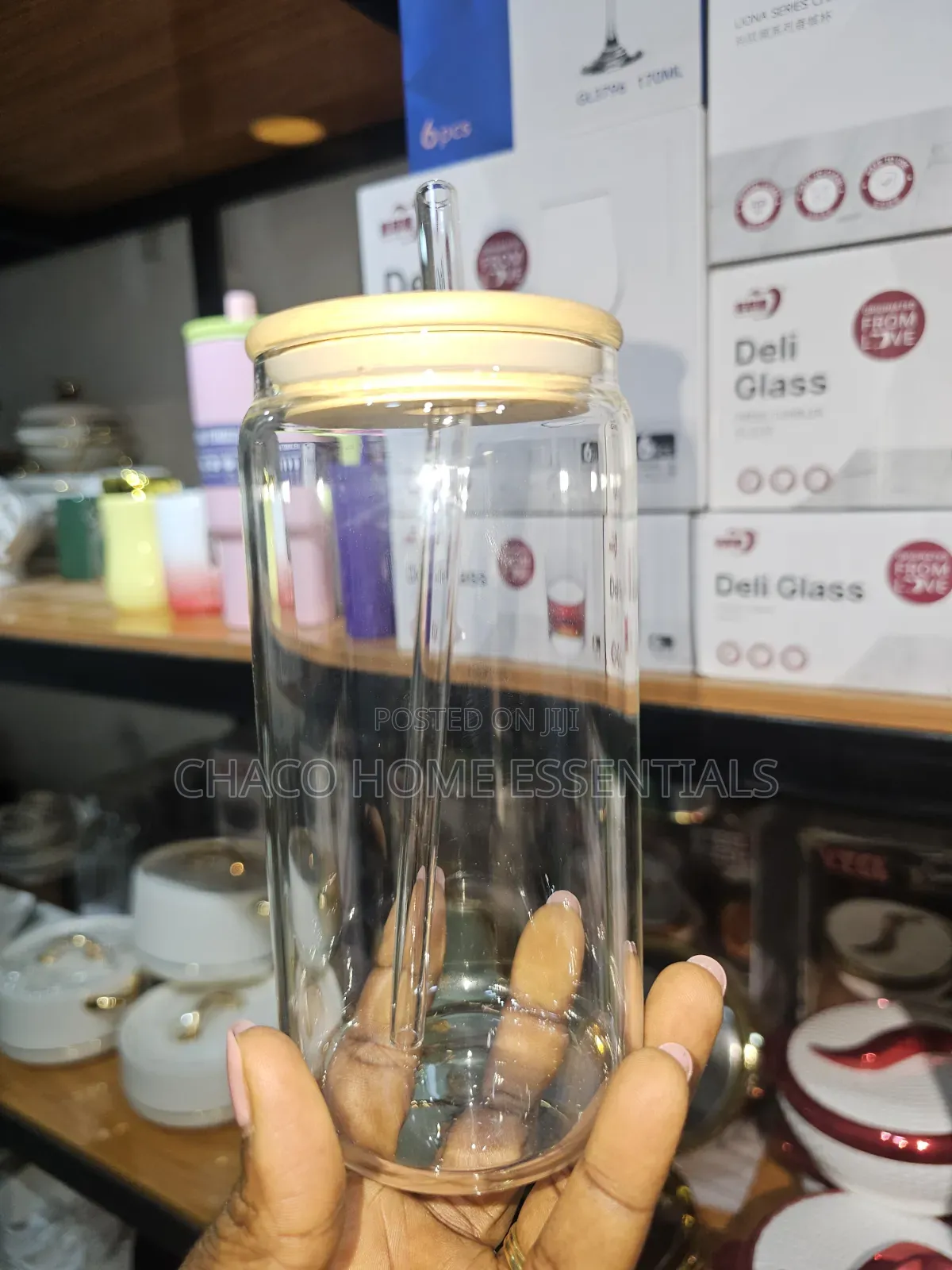 Glass Jar / Cup With Bamboo Lid With Straw