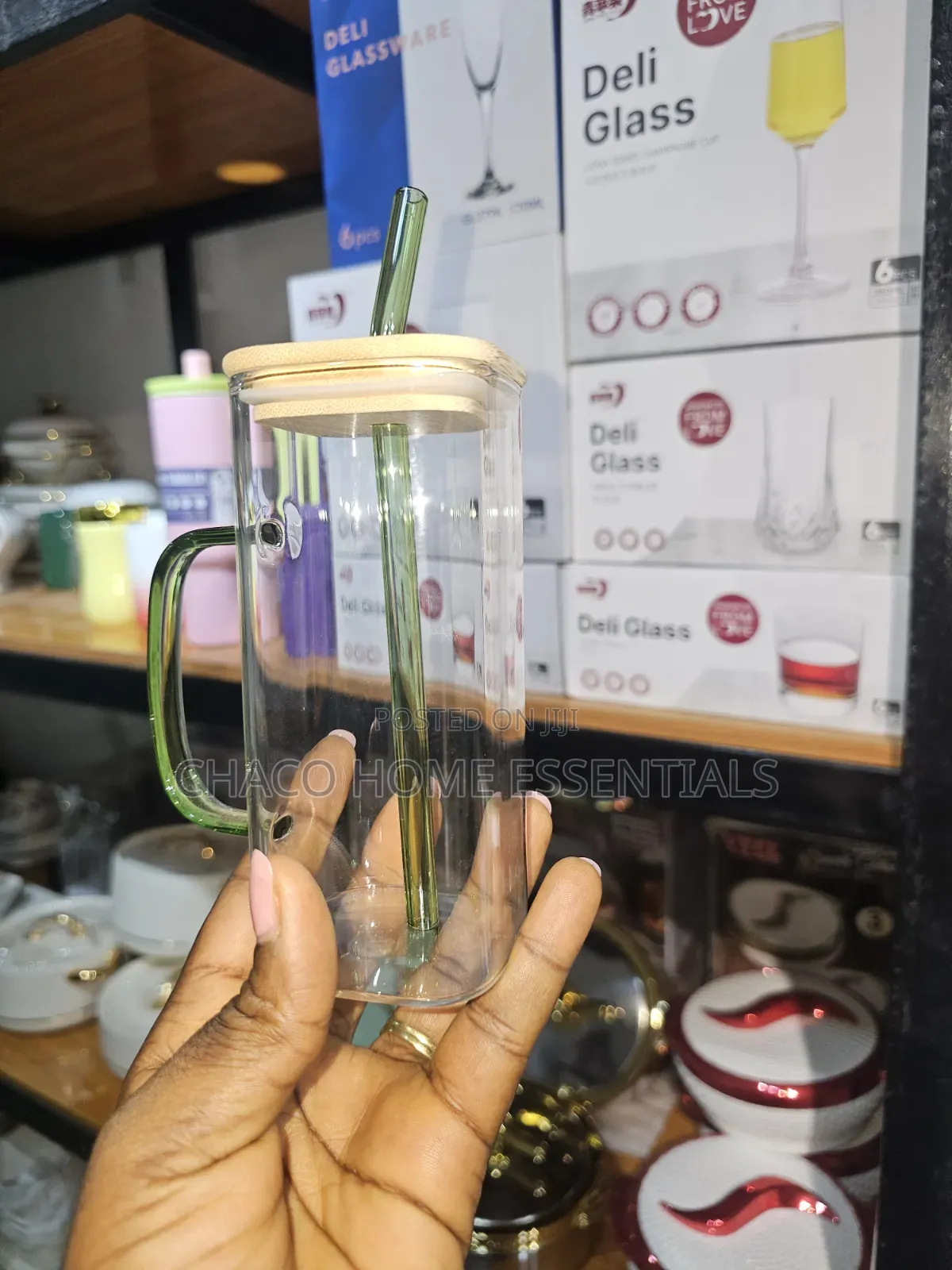 Glass Jar / Cup With Bamboo Lid With Straw
