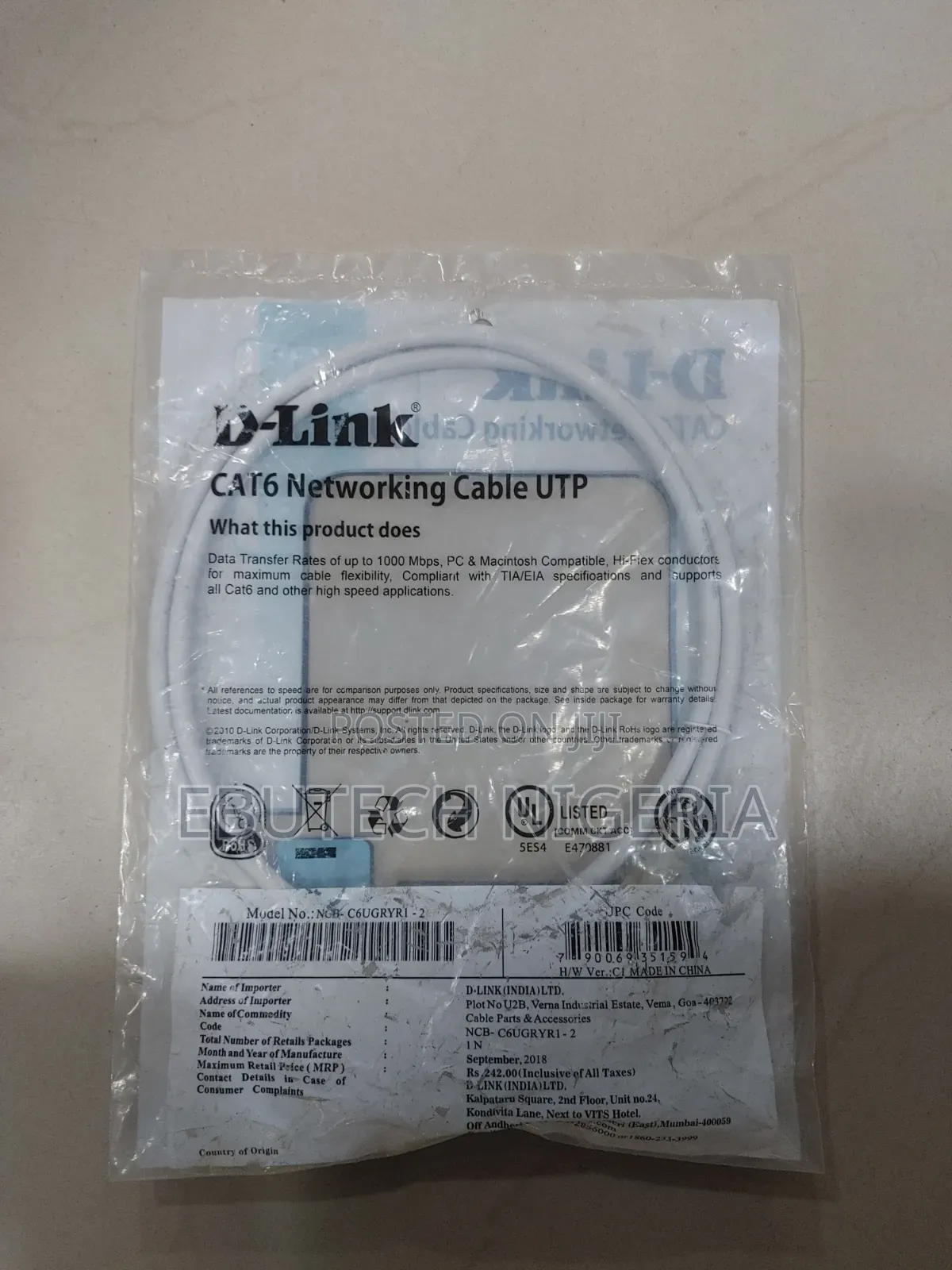 D-Link Cat 6 Utp 24 Awg Round Patch Cord 1m