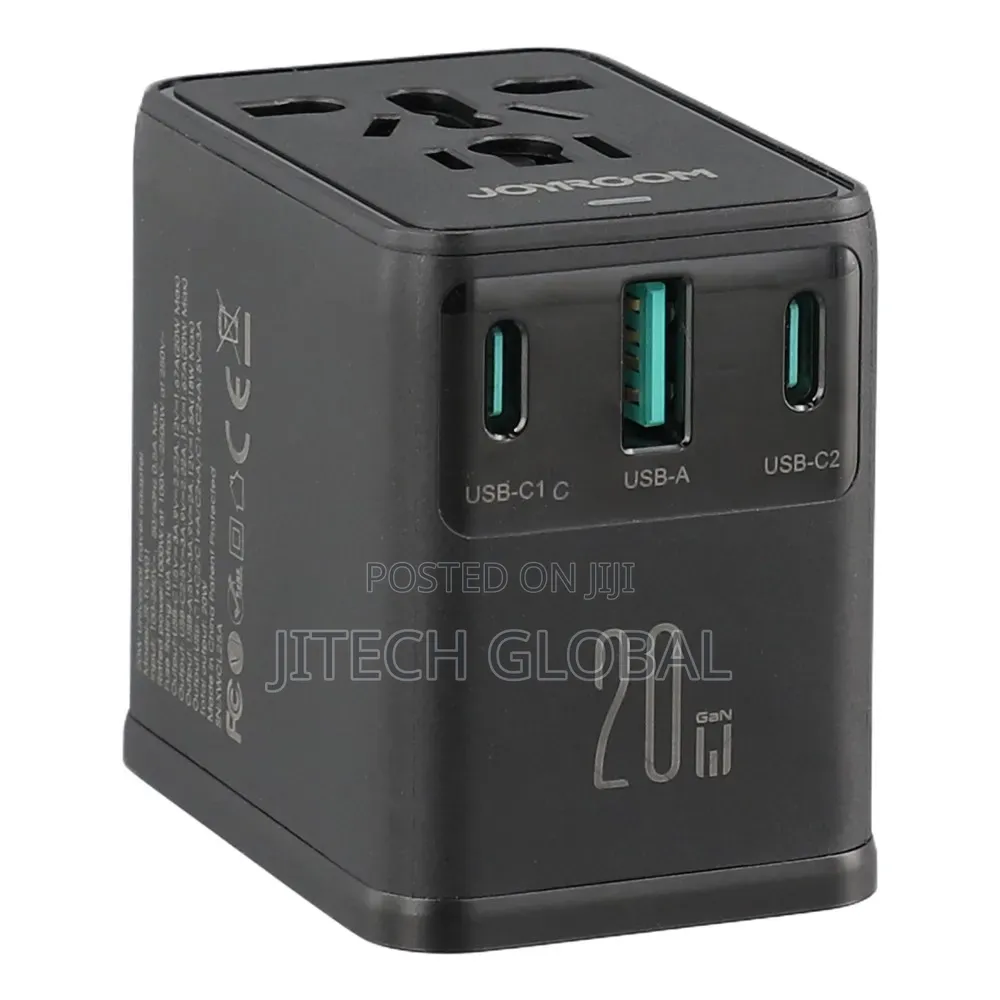 Joyroom 20w Universal Travel Adapter 2 Usb-C + Ubs-a Gan Charger -