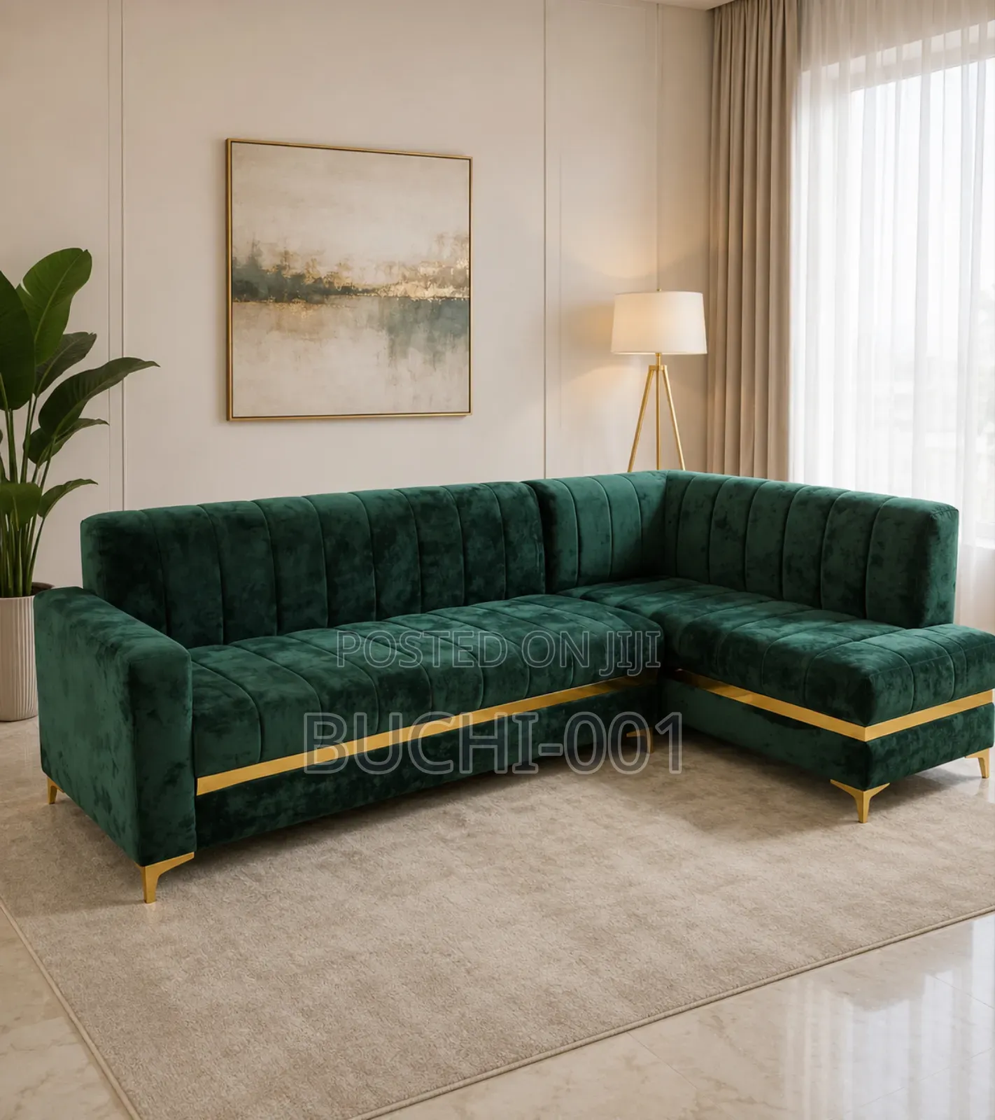 L-Shaped Sectional Sofa in Velvet With Channel Tufting