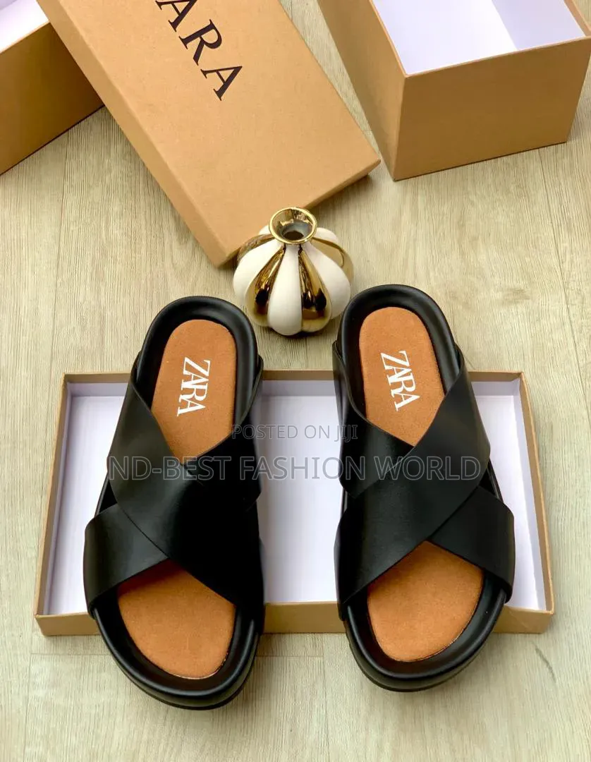 Black Leather Zara Slippers