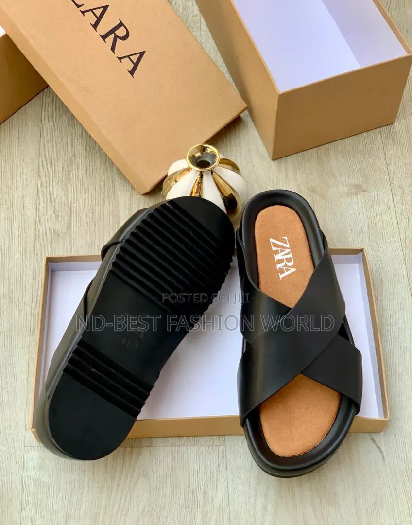 Black Leather Zara Slippers