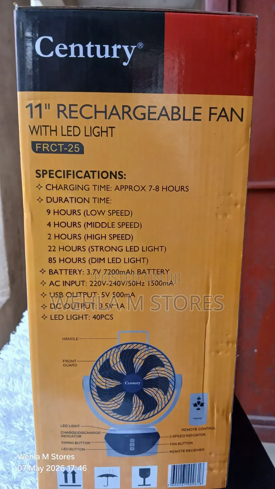 The Century 11 Inches 3 in 1 Emergency Rechargeable Fan With Led Light