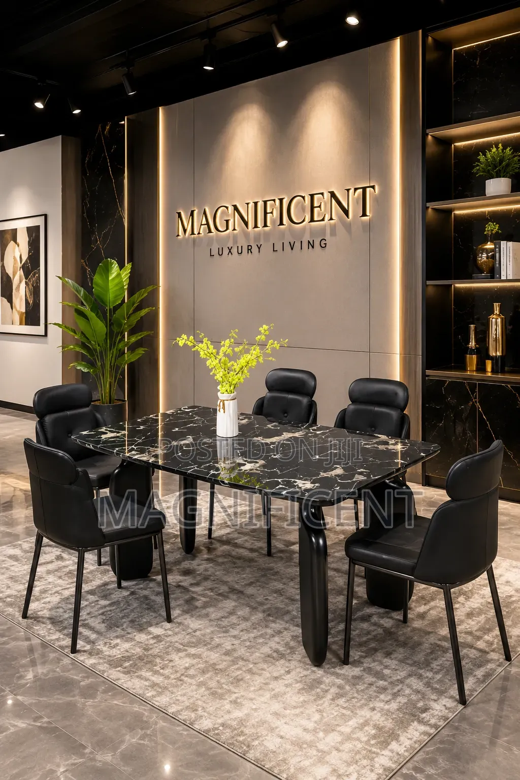 Premium 5-Seater Black Marble Dining Table Set – Modern Luxury Home Fu