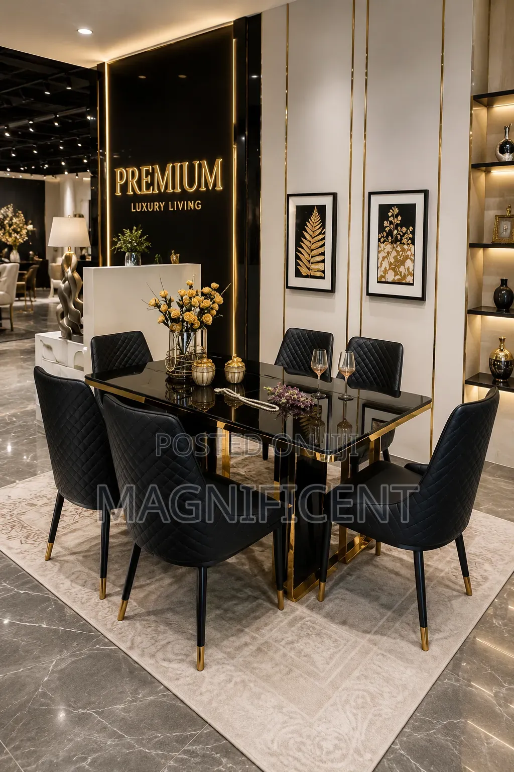 Premium 6-Seater Luxury Dining Table Set Black Gold Modern Marble Des