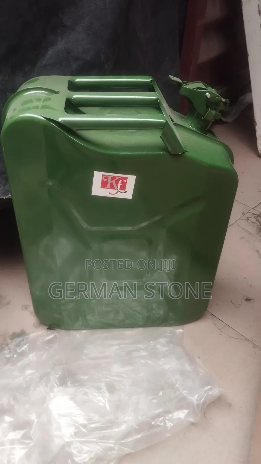 20-Litre Green Metal Jerry Can for Fuel Storage.