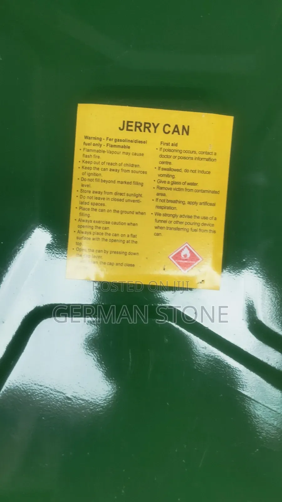 20-Litre Green Metal Jerry Can for Fuel Storage.