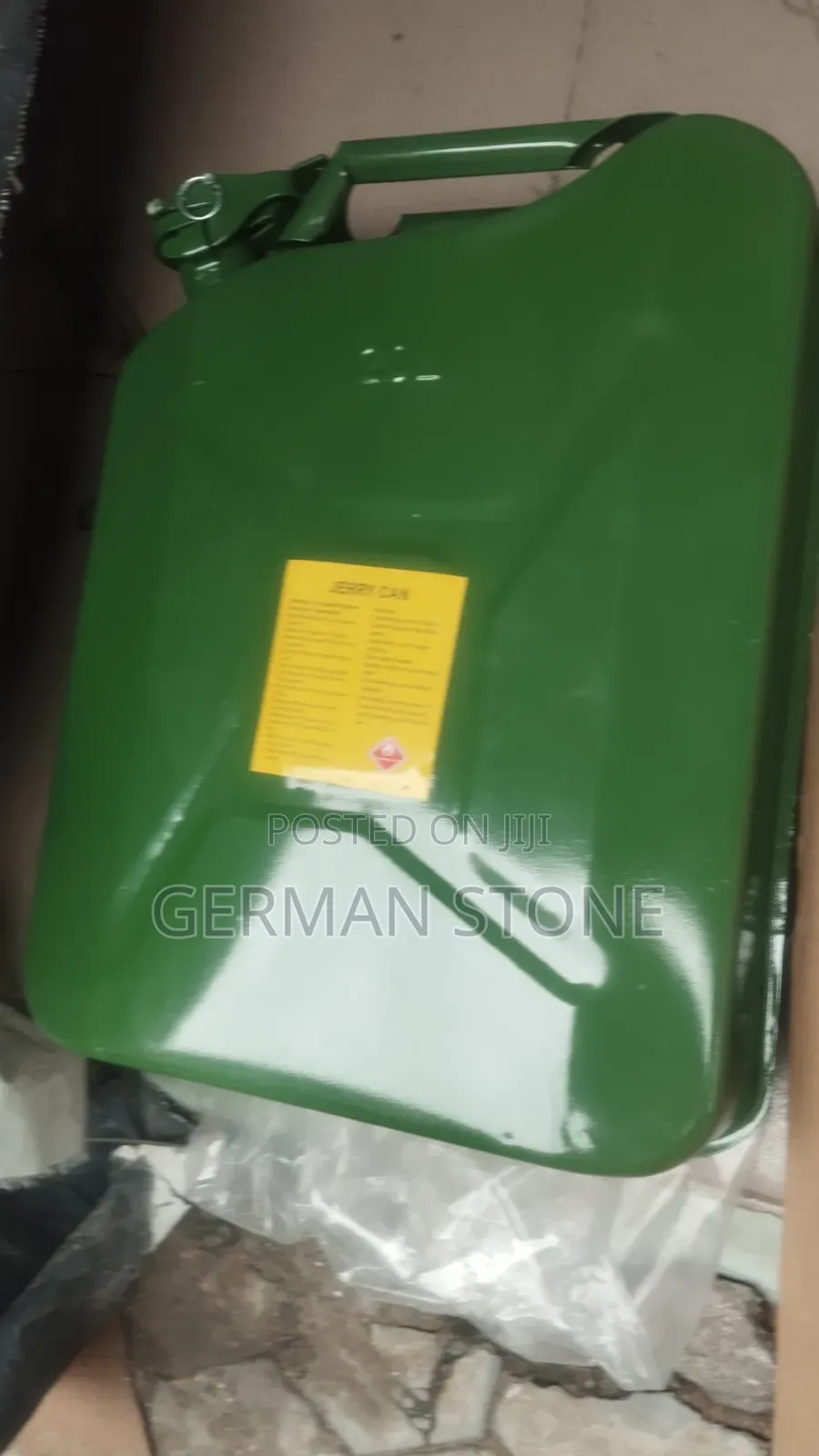 20-Litre Green Metal Jerry Can for Fuel Storage.