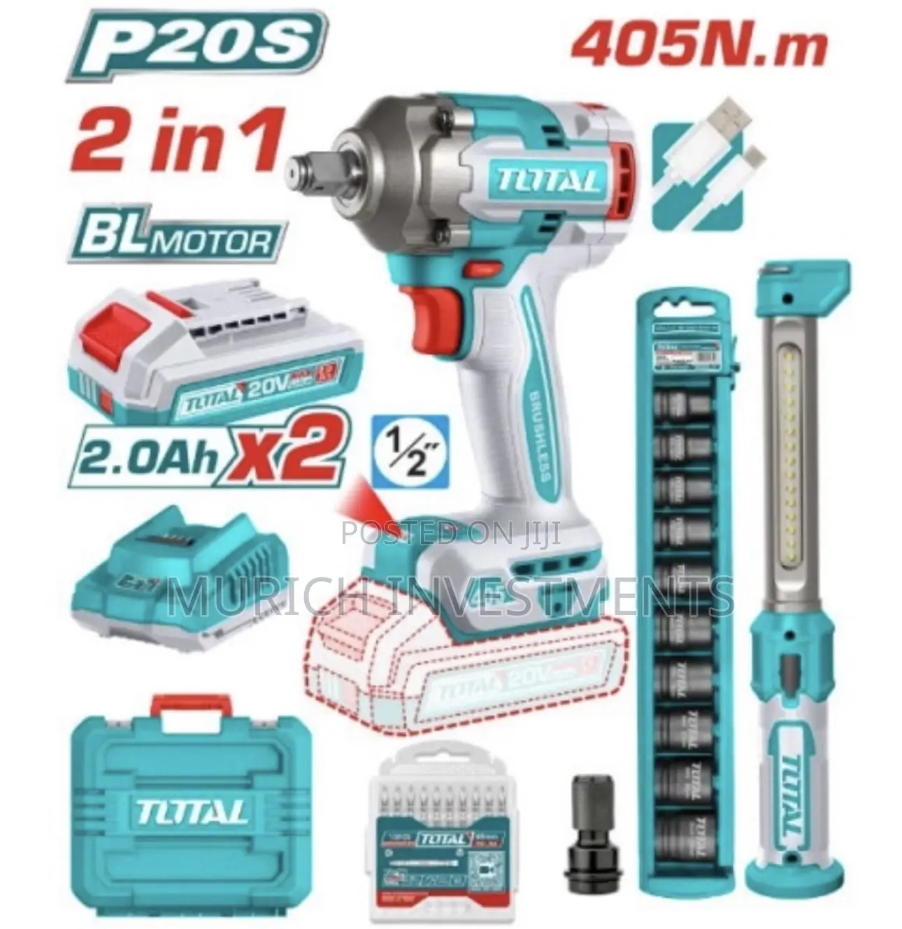 Total 20v Cordless 2pcs Combo Kit – Impact Wrench & Work Lamp