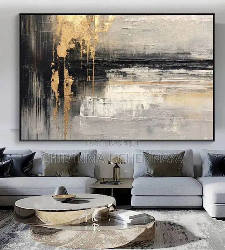 Abstract Modern Black Gold Blue Texture Artwork for Living Room