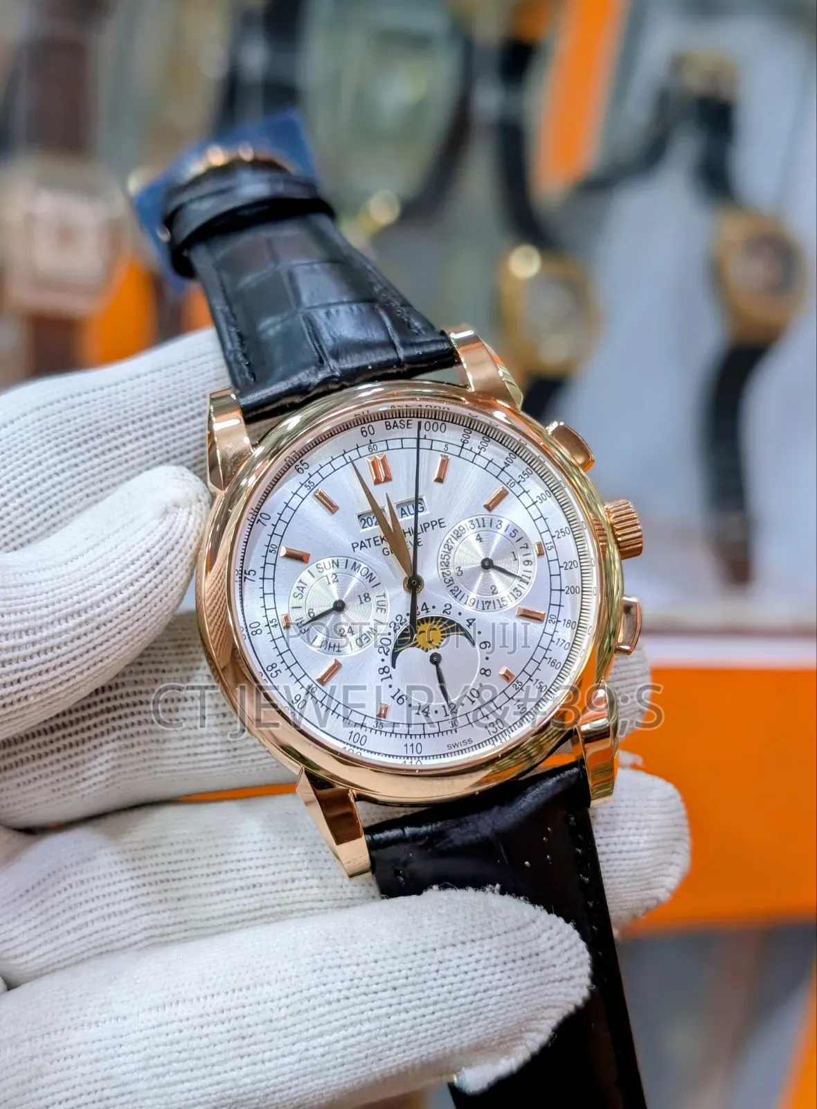 Luxury Rose Gold Chronograph Wristwatch Moonphase Calendar, Leather