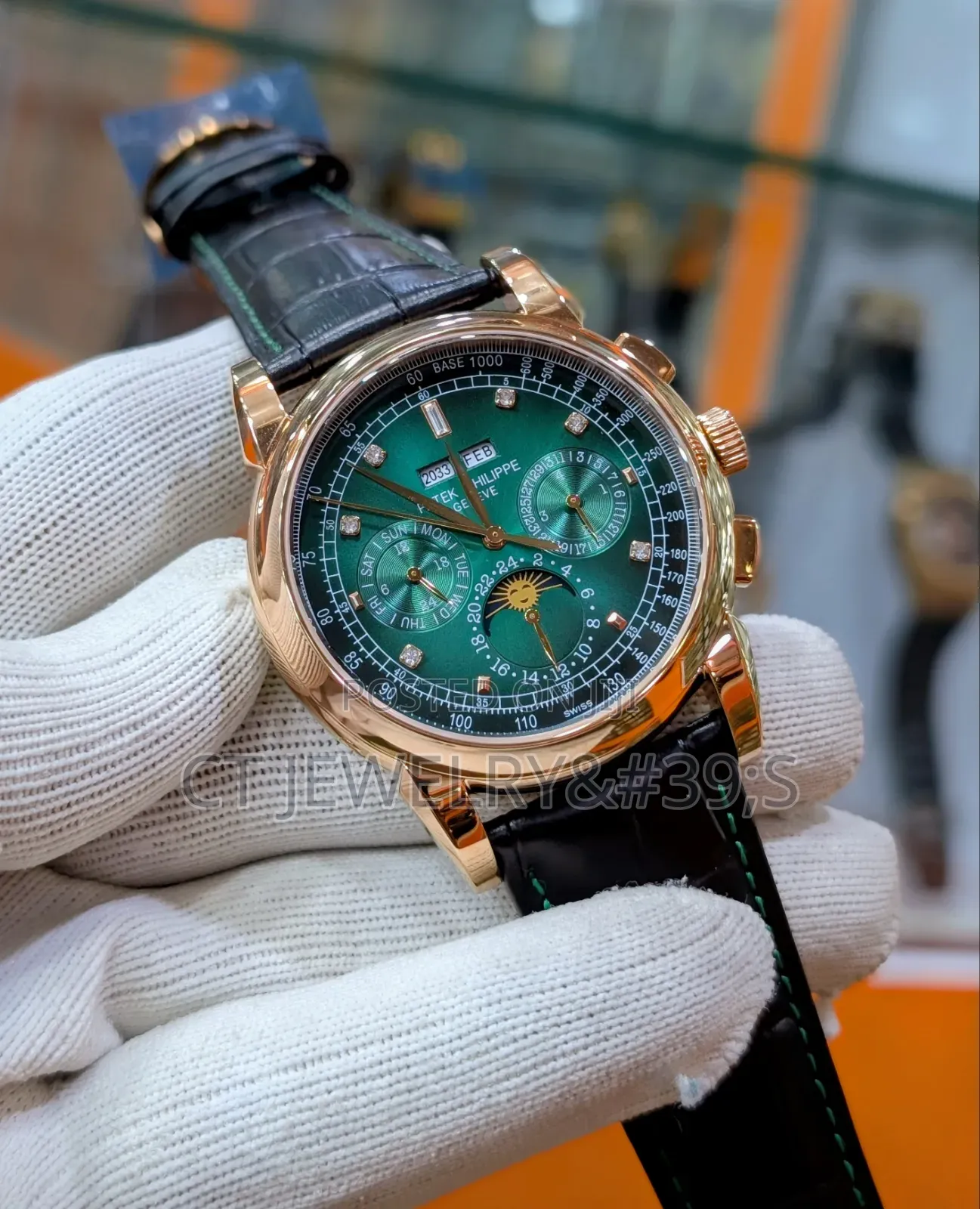 Luxury Rose Gold Chronograph Wristwatch Moonphase Calendar, Leather