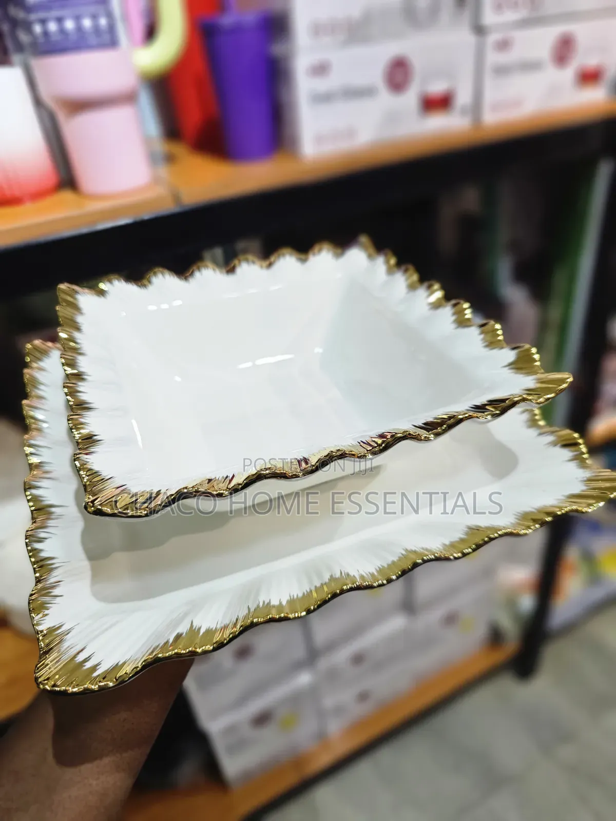 Ceramic Flat and Bowl Plates With Gold Trim