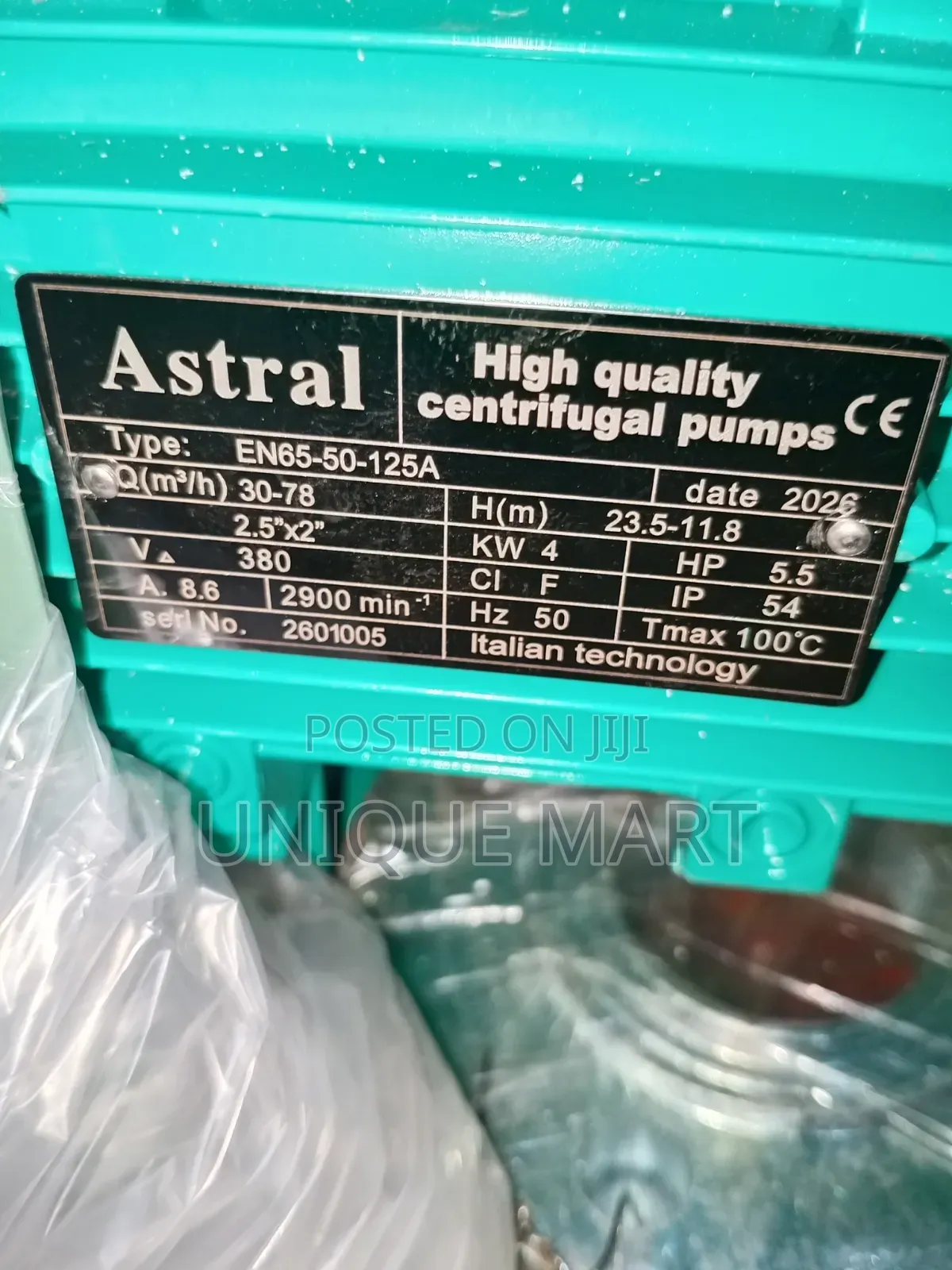 5.5hp Astral Industrial Centrifugal Water Pump. 100% Copper Coil