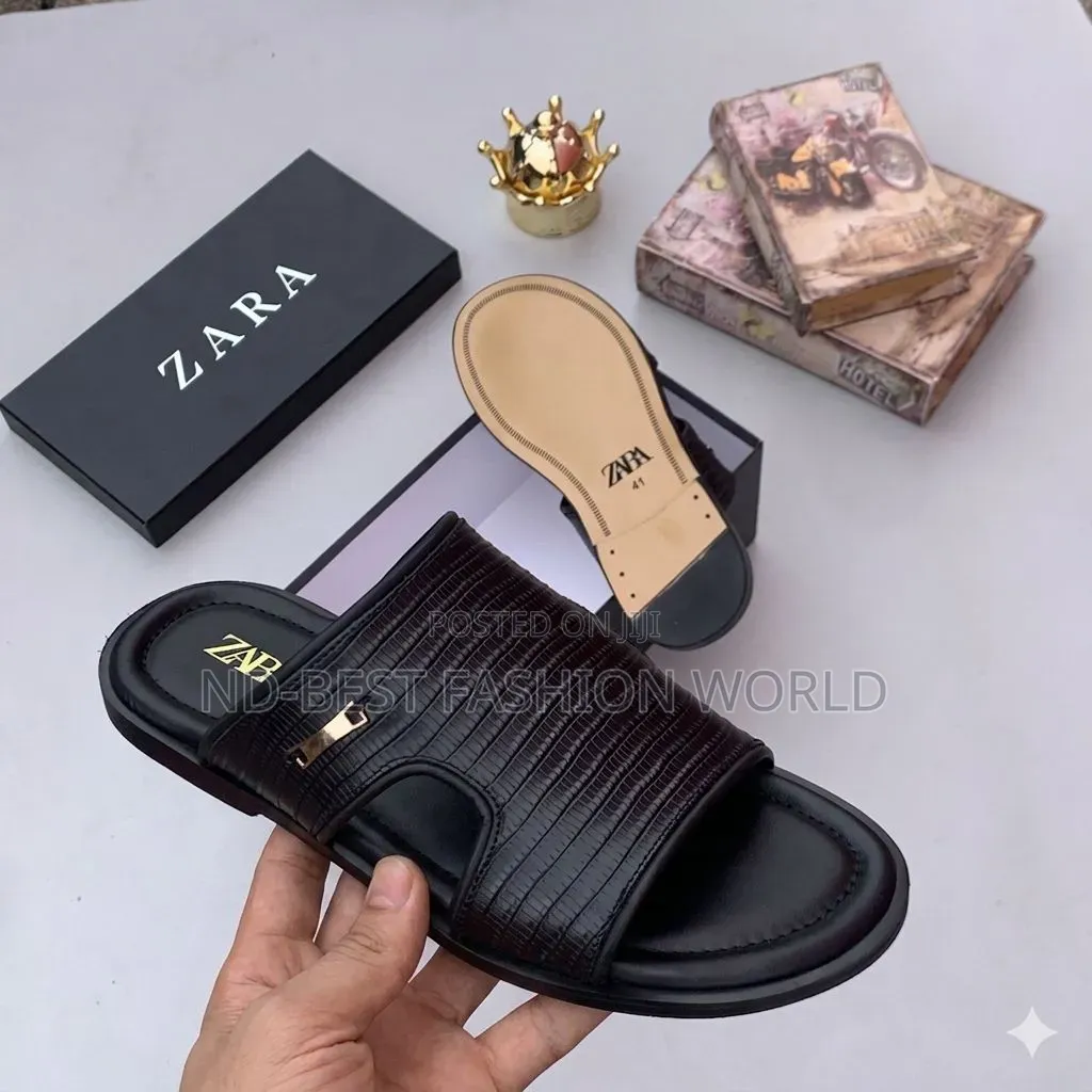 Black Leather Zara Slippers