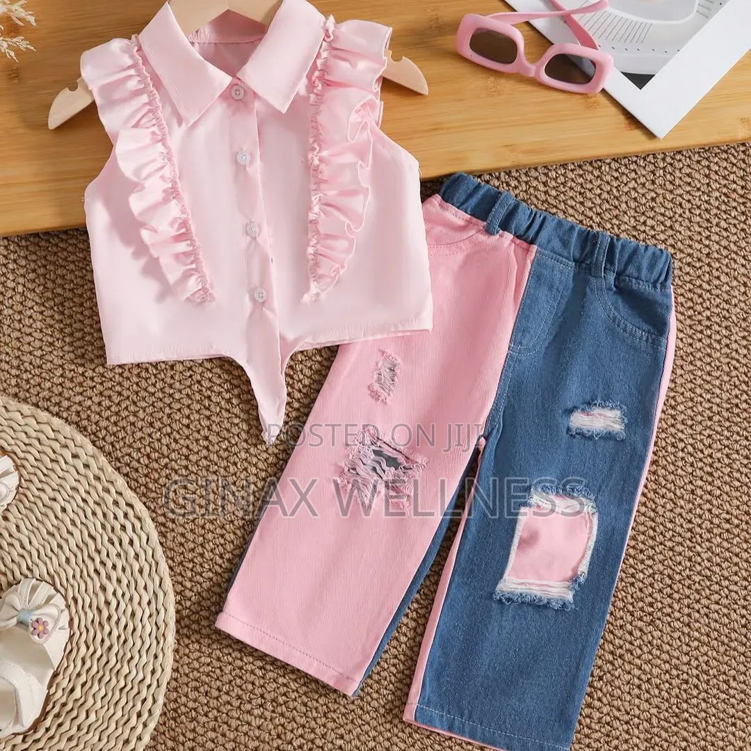 Pink Sleeveless Top With Color-Blocking Ripped Jeans Set for Girls