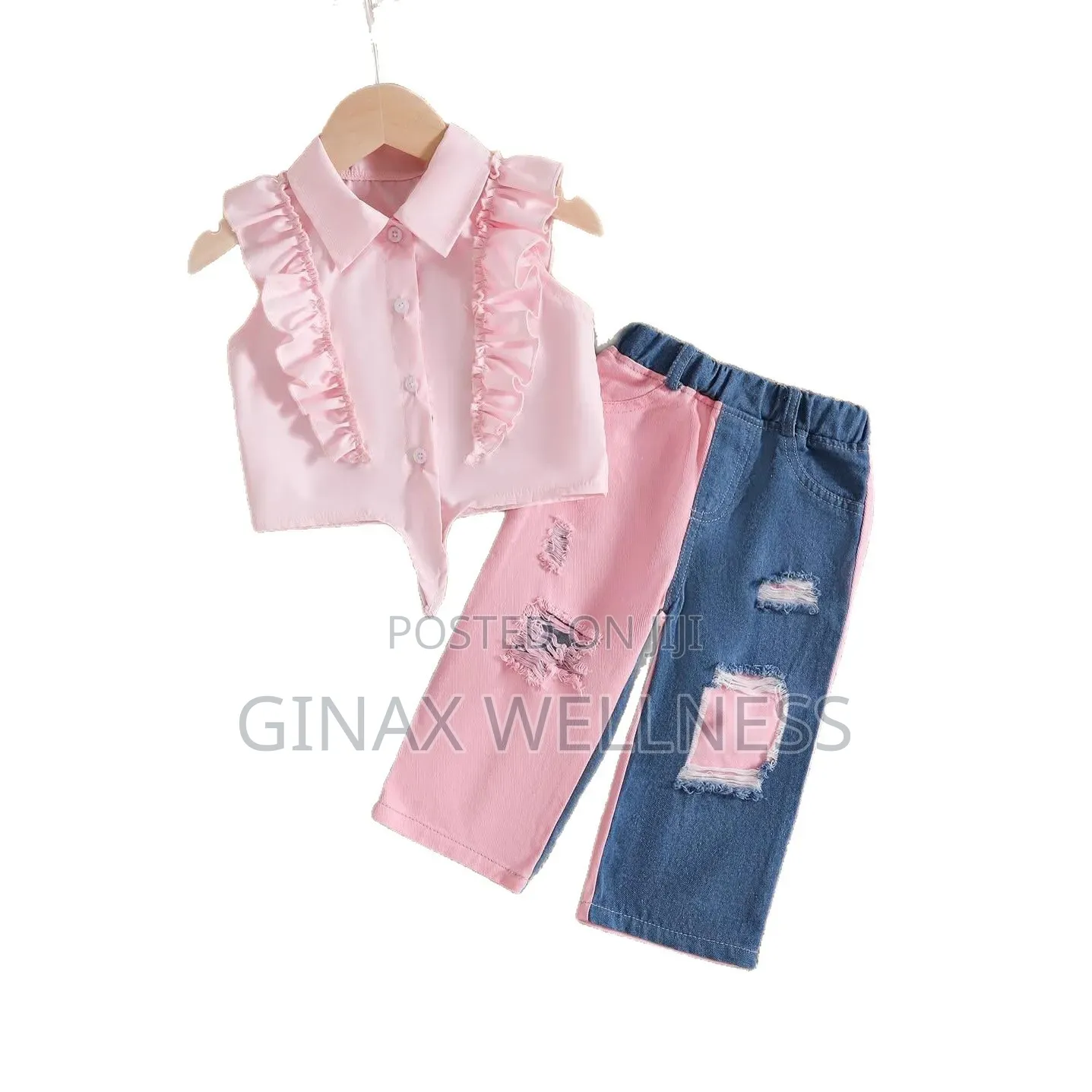Pink Sleeveless Top With Color-Blocking Ripped Jeans Set for Girls