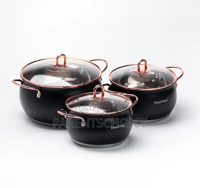 3 Set Matte Black Finish With Copper or Gold-Colored Handles Pot