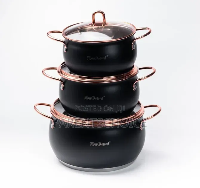 3 Set Matte Black Finish With Copper or Gold-Colored Handles Pot