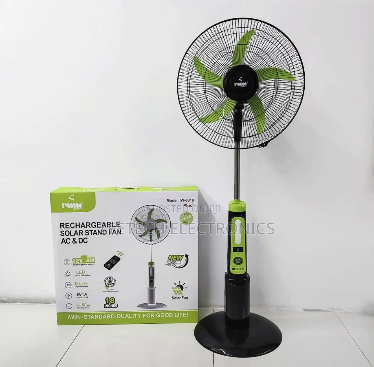 Iwin 18-Inch Rechargeable Ac/Dc Solar Standing Fan.