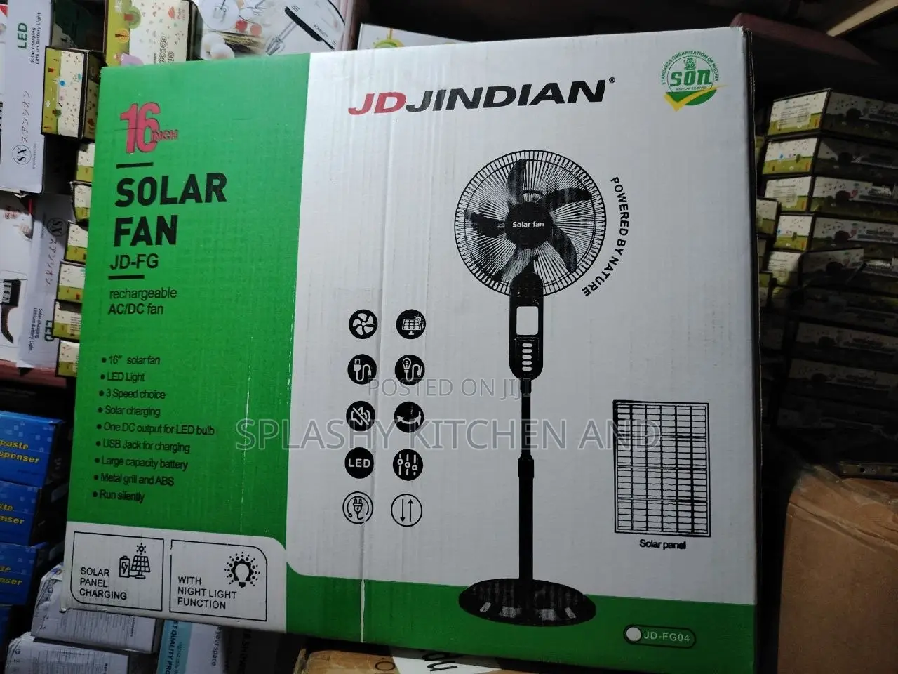 18" Rechargeable Standing Fan With Solar Panel Large Battery
