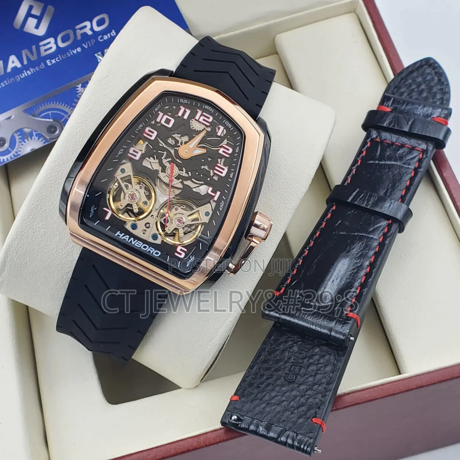 Luxury Hanboro Watch Rose Gold Tonneau Case, Dual Strap, Skeleton Dial