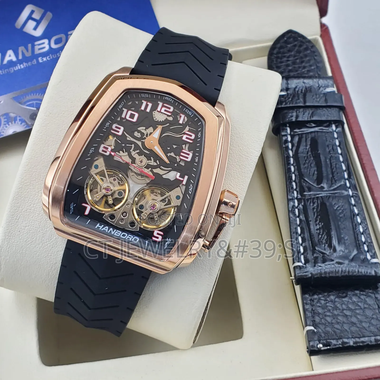 Luxury Hanboro Watch Rose Gold Tonneau Case, Dual Strap, Skeleton Dial